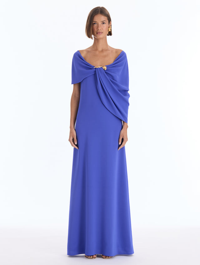 Iris Brooch Drape-Detailed Georgette Caftan