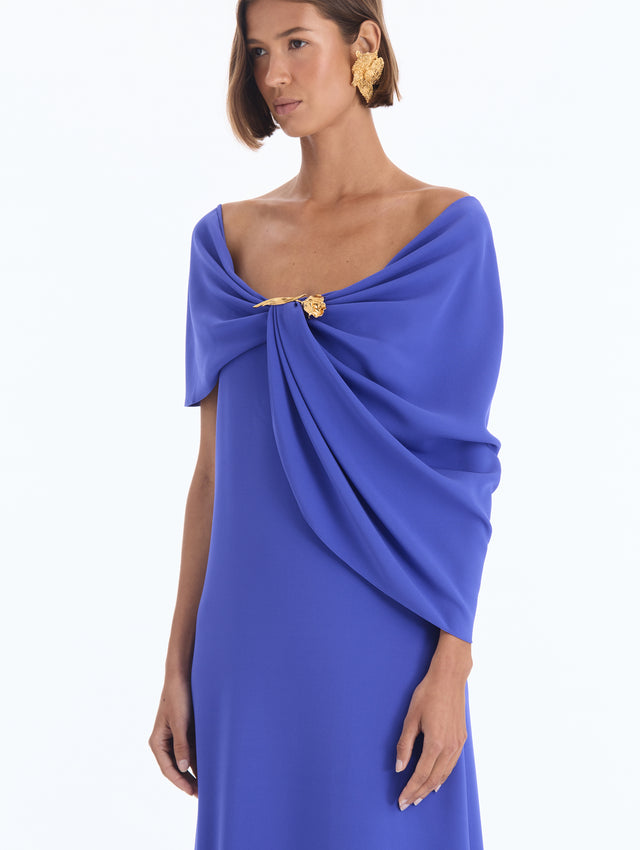 Iris Brooch Drape-Detailed Georgette Caftan