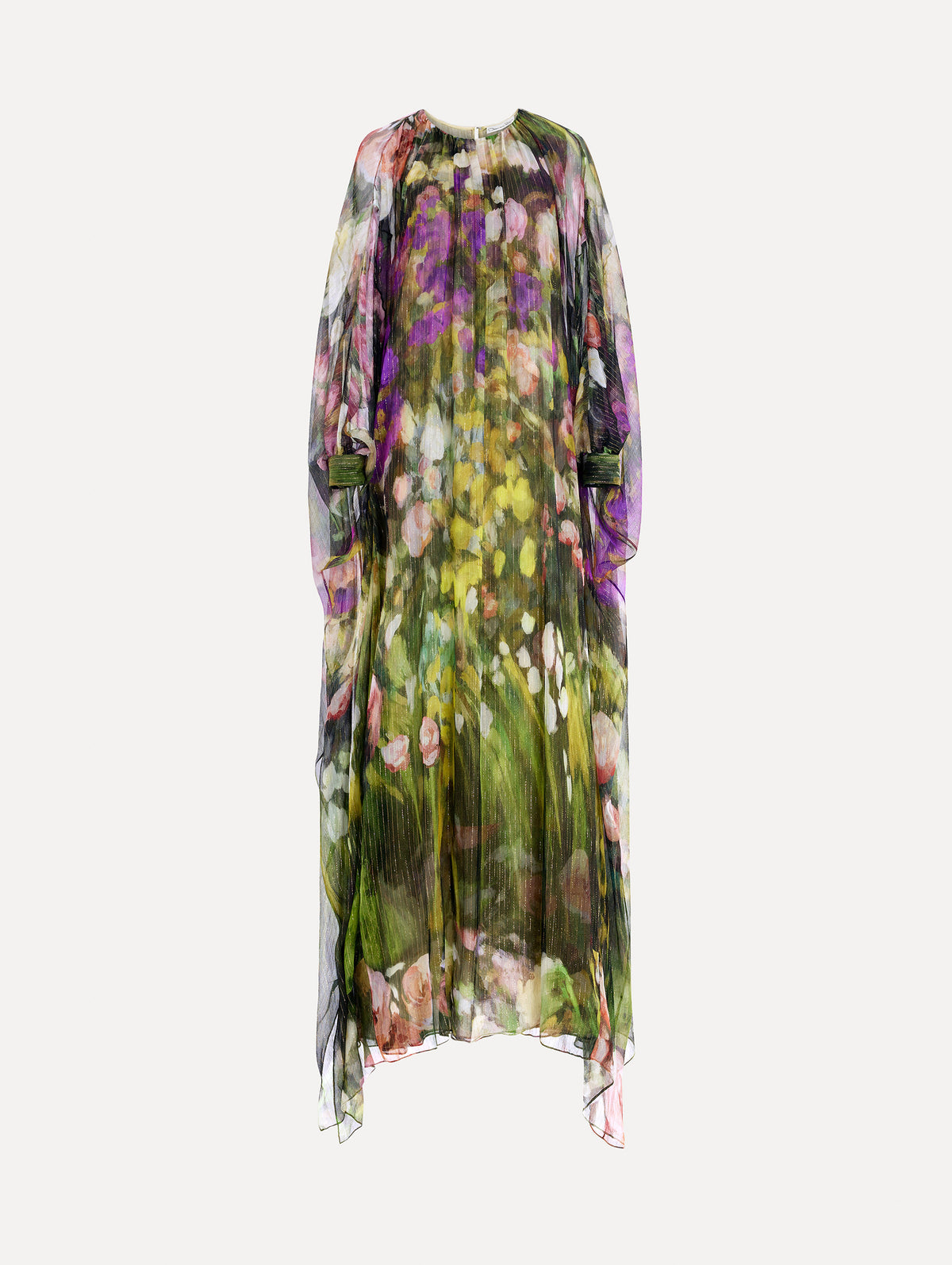 The image depicts a long sleeve abstract landscape chiffon caftan. Front view.