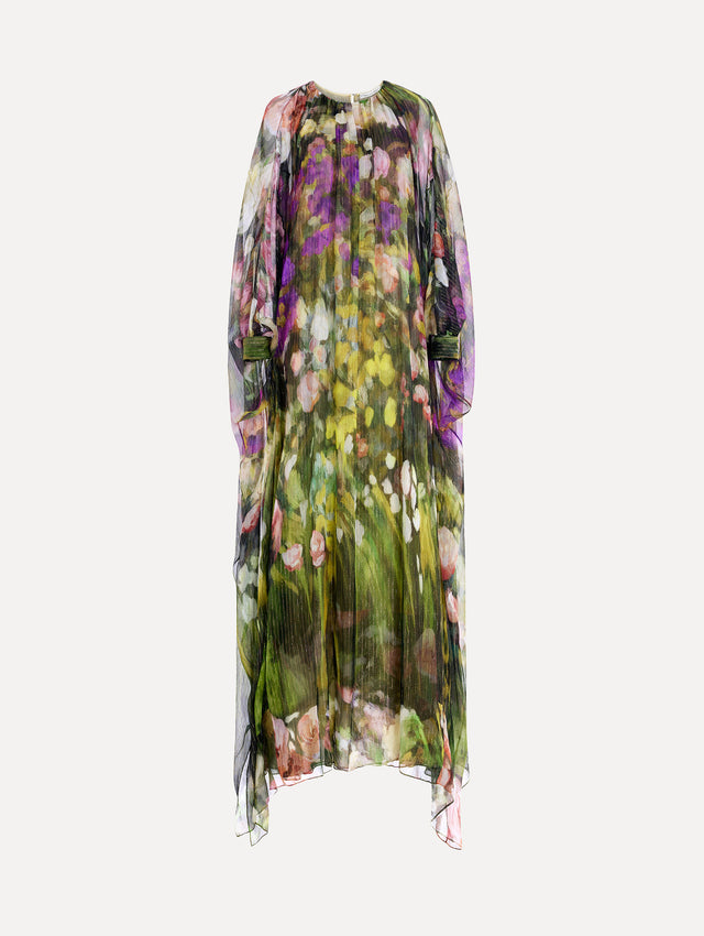 The image depicts a long sleeve abstract landscape chiffon caftan. Front view.