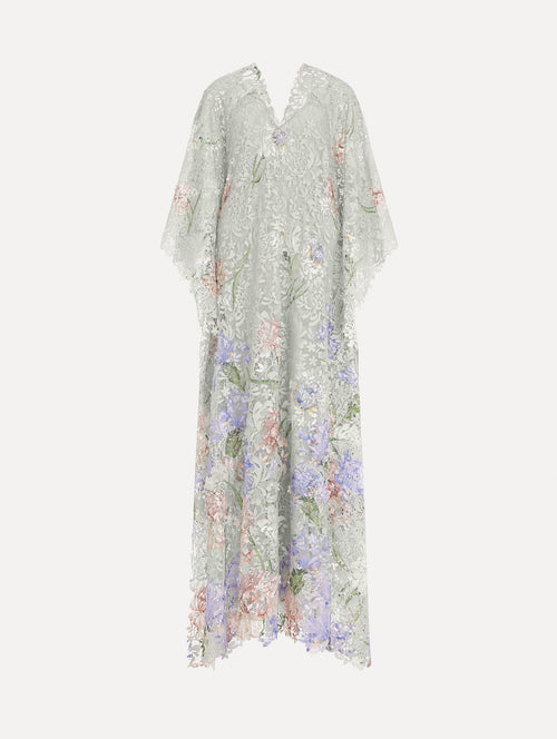 The image depicts a long sleeve iris degrade printed lace caftan. Front view.