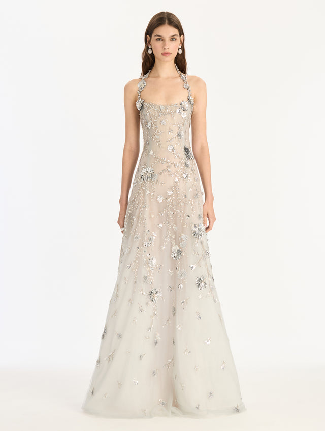 Sequin Mini Floral Vines Embroidered Gown