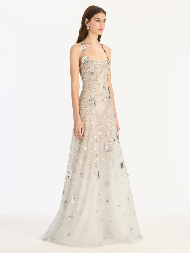 Sequin Mini Floral Vines Embroidered Gown