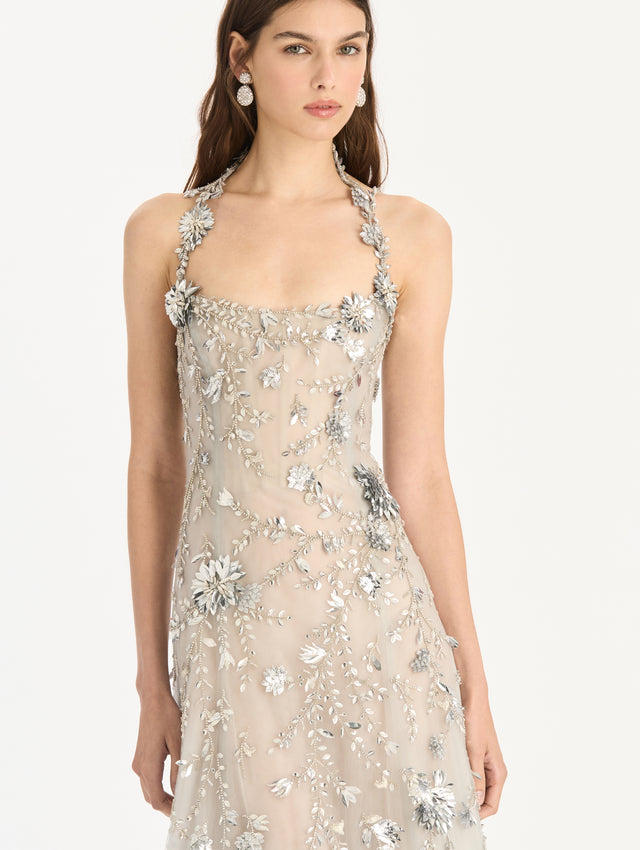 Sequin Mini Floral Vines Embroidered Gown