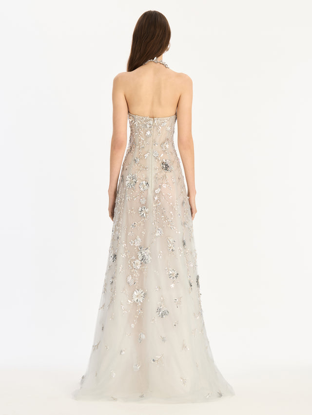 Sequin Mini Floral Vines Embroidered Gown