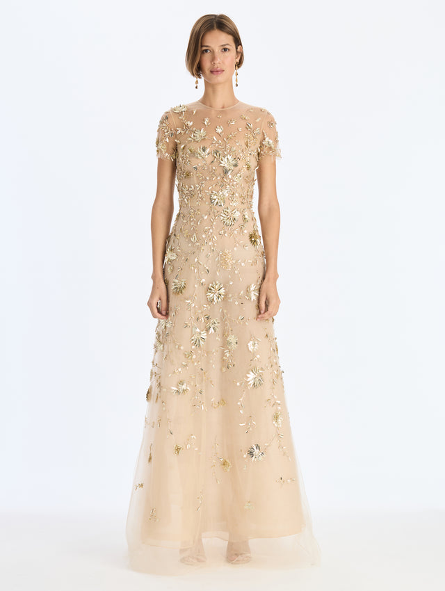 Sequin Mini Floral Vines Embroidered Gown