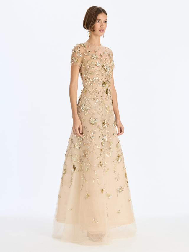Sequin Mini Floral Vines Embroidered Gown