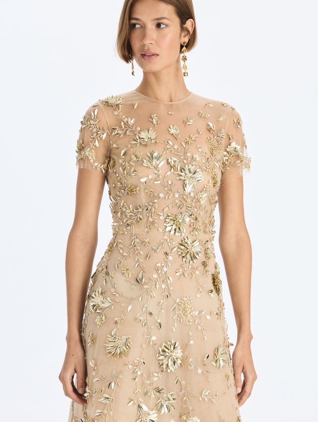 Sequin Mini Floral Vines Embroidered Gown
