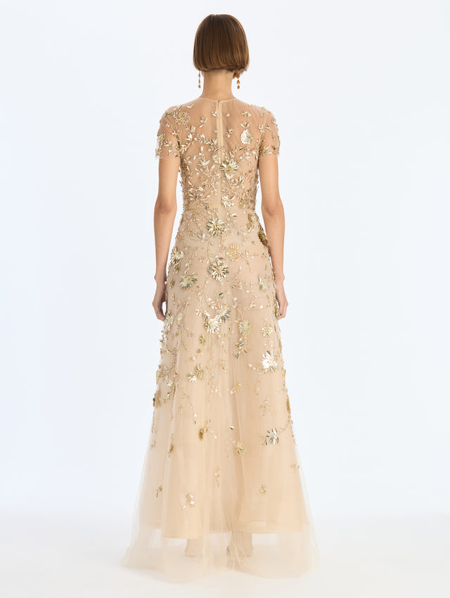 Sequin Mini Floral Vines Embroidered Gown