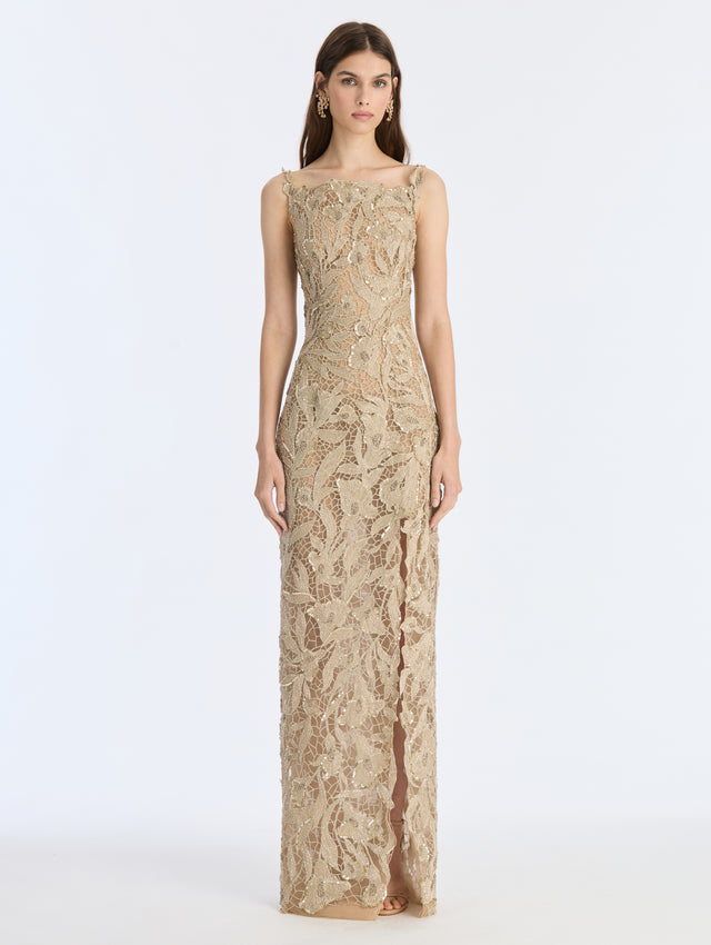 Metallic Threadwork Floral Embroidered Gown