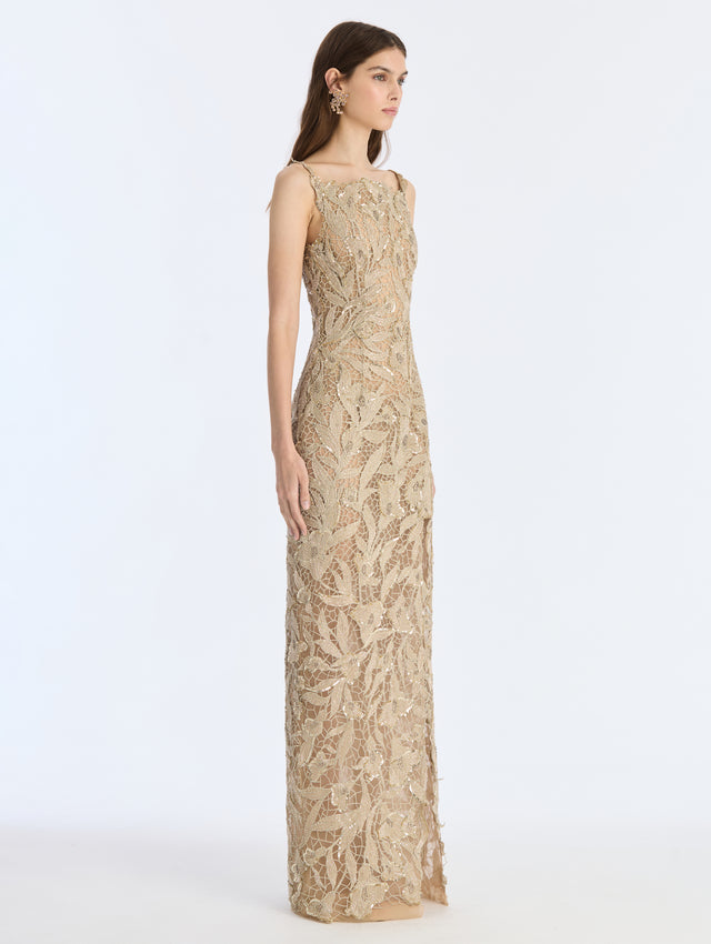 Metallic Threadwork Floral Embroidered Gown