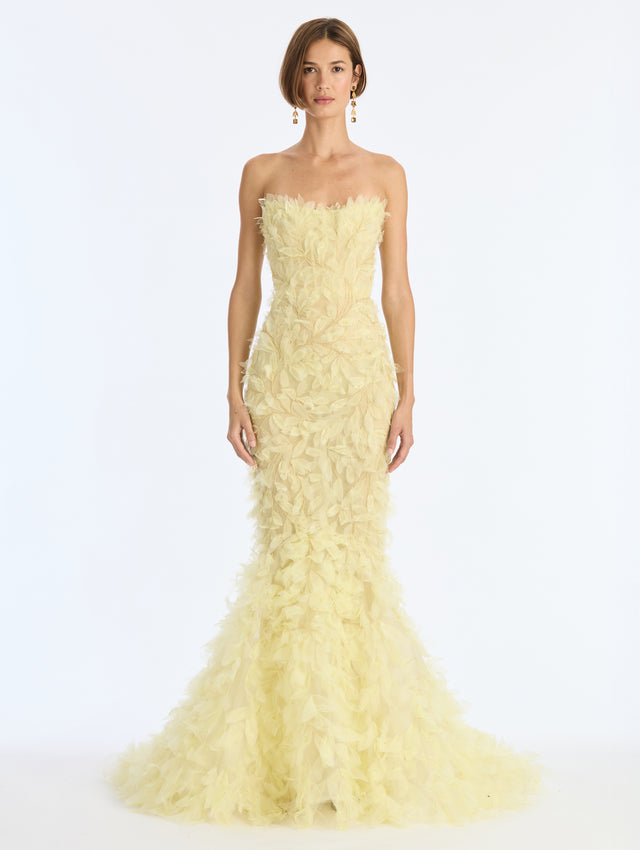 Feather Ruffle Embroidered Gown