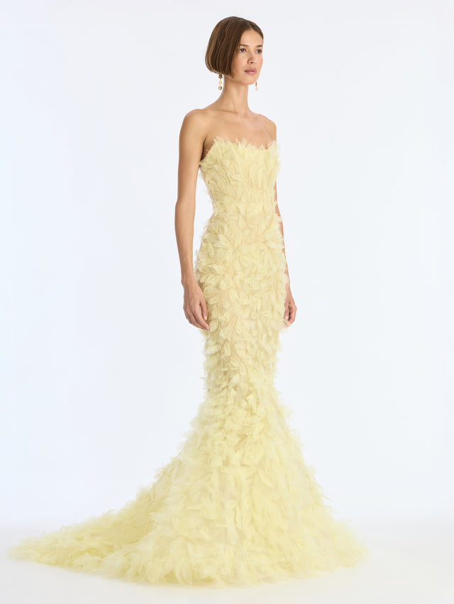 Feather Ruffle Embroidered Gown