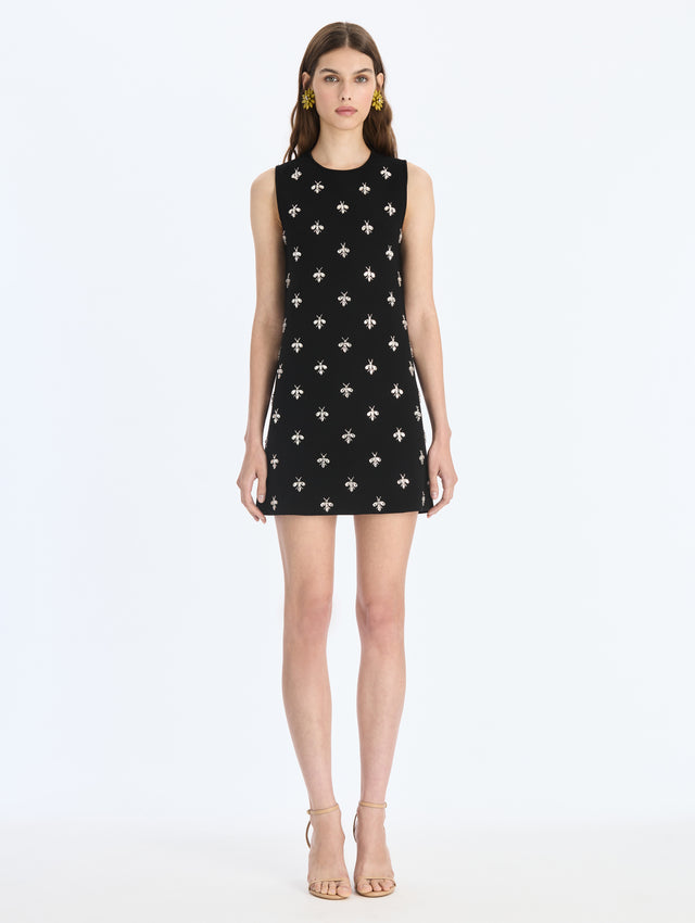 Crystal Bee Embroidered Fit-and-Flare Knit Dress