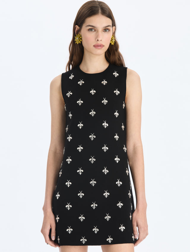 Crystal Bee Embroidered Fit-and-Flare Knit Dress