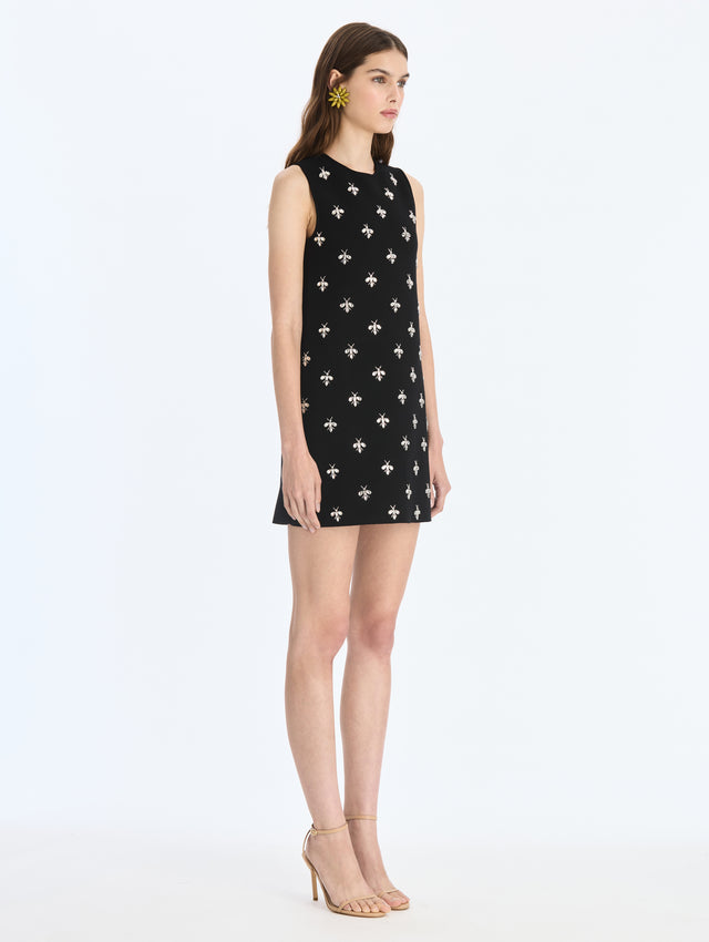 Crystal Bee Embroidered Fit-and-Flare Knit Dress