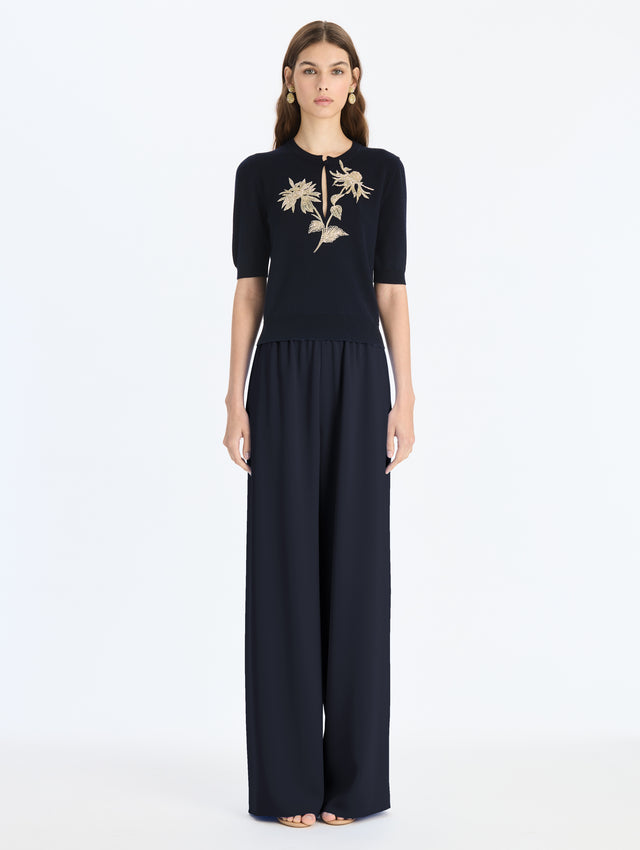 Embroidered Keyhole Wool Pullover