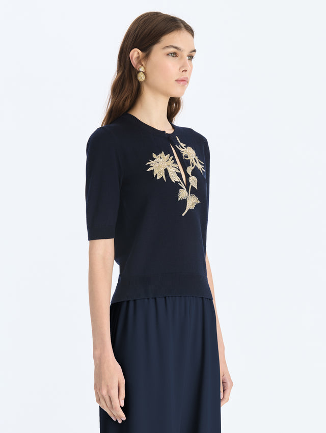 Embroidered Keyhole Wool Pullover