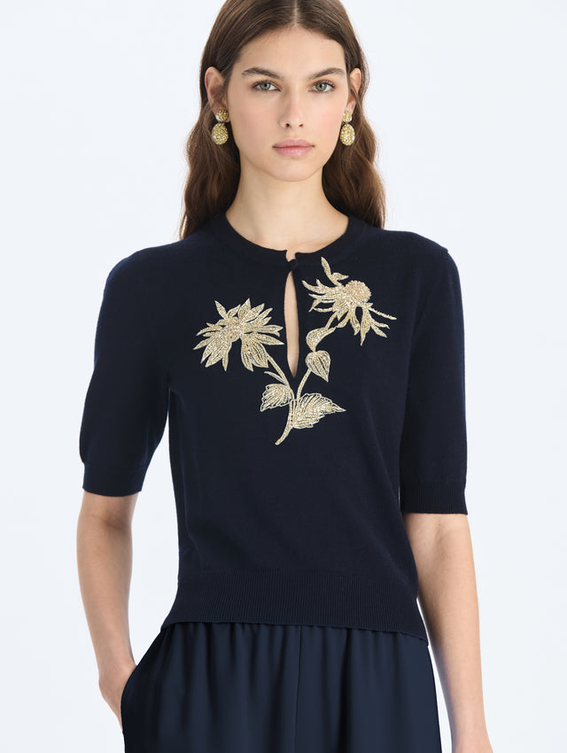 Embroidered Keyhole Wool Pullover