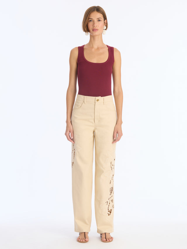 Embroidered Khaki Denim Pant