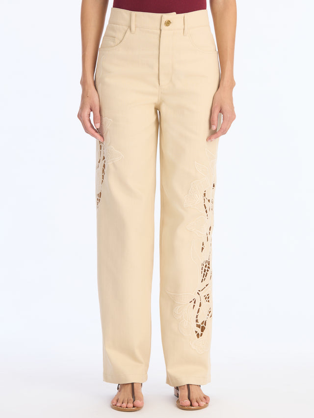 Embroidered Khaki Denim Pant