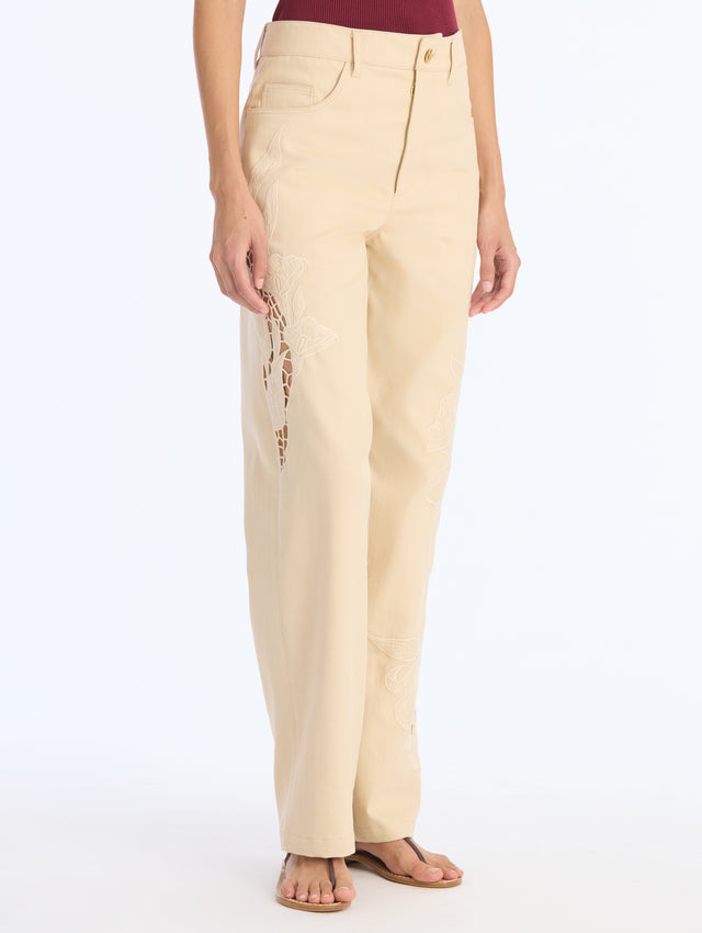 Embroidered Khaki Denim Pant