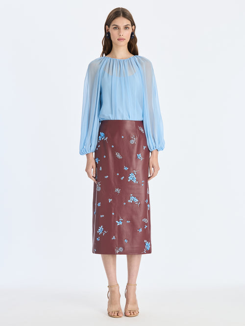Leather Embroidered Pencil Skirt