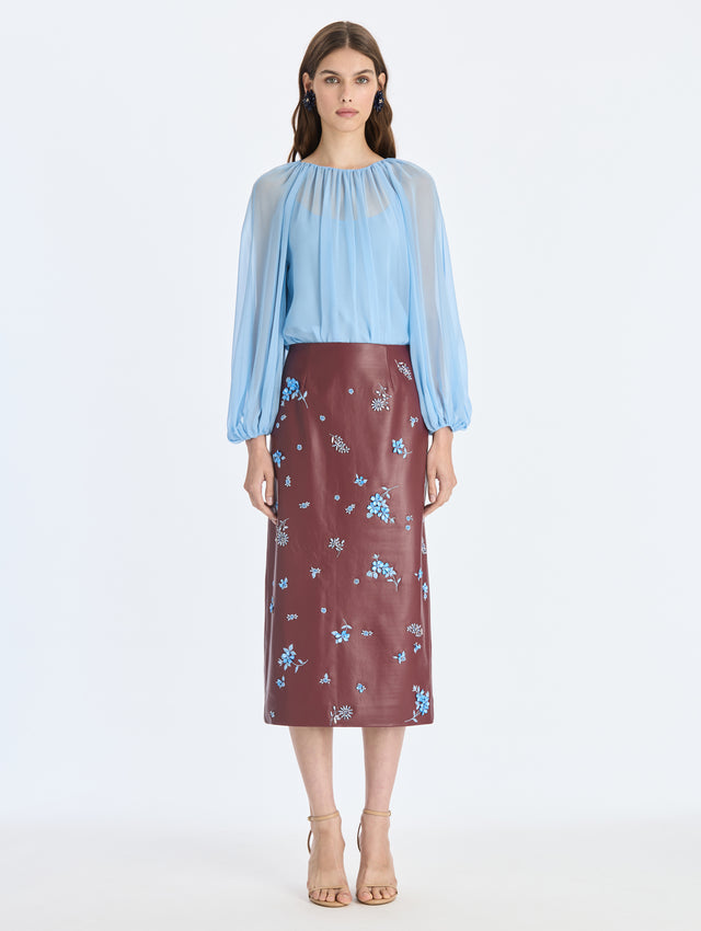 Leather Embroidered Pencil Skirt
