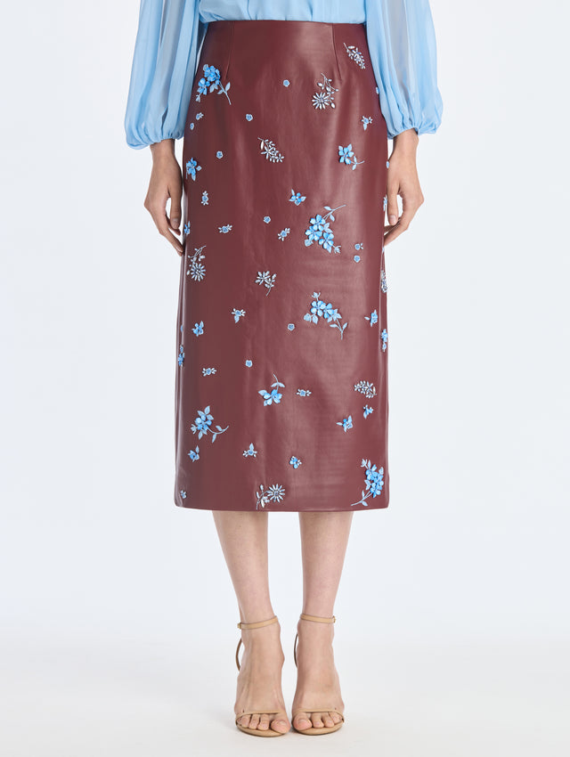 Leather Embroidered Pencil Skirt