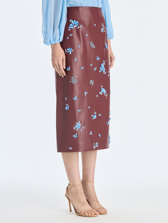 Leather Embroidered Pencil Skirt