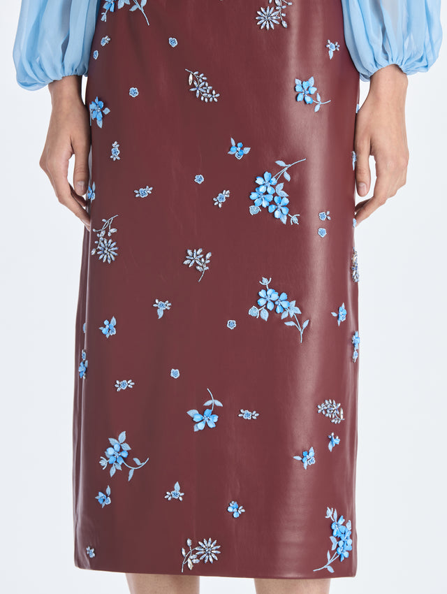 Leather Embroidered Pencil Skirt