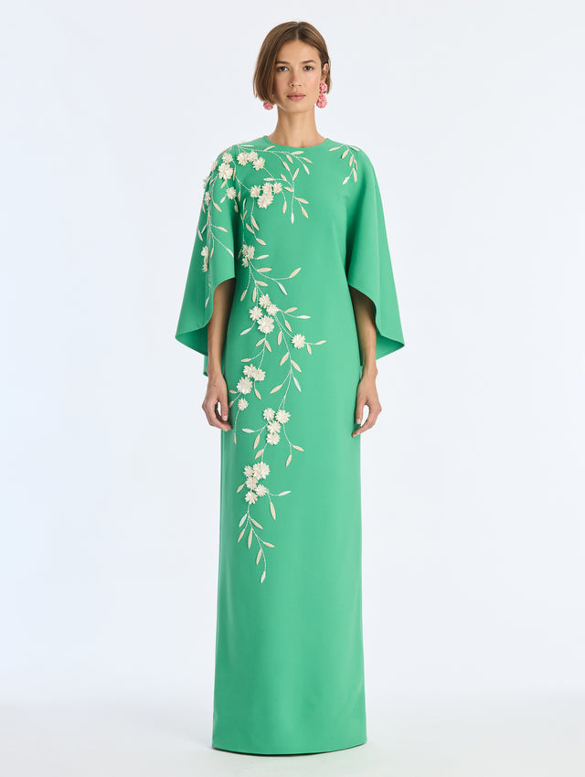 Draped Raffia Feather Edelweiss Embroidered Caftan