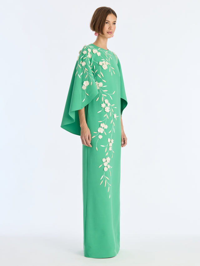 Draped Raffia Feather Edelweiss Embroidered Caftan