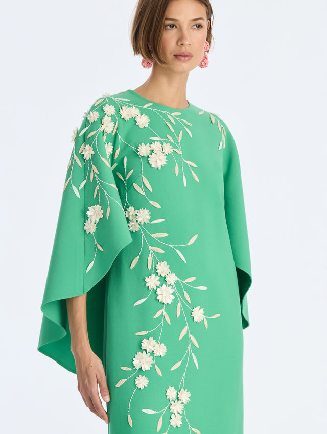 Draped Raffia Feather Edelweiss Embroidered Caftan