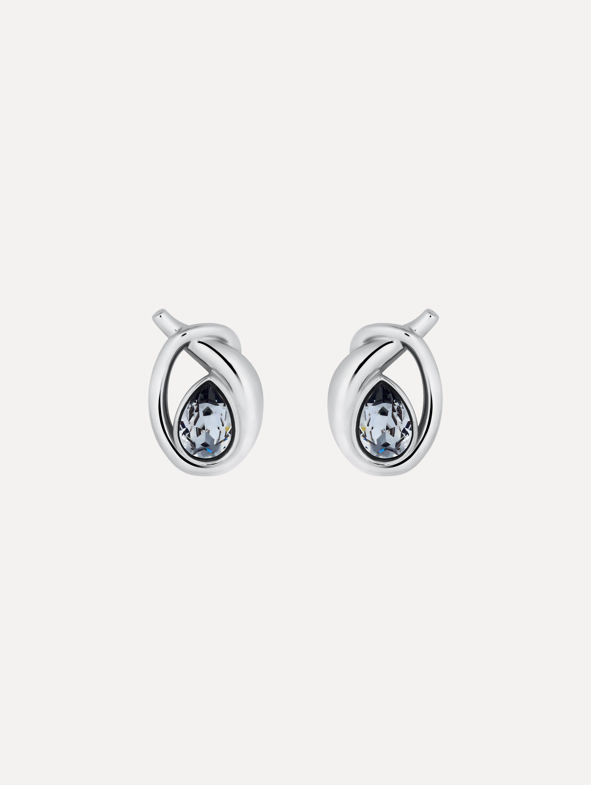 Silver Looped Teardrop Earrings featuring teardrop blue crystals encased in a twisted knot design.