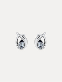 Silver Looped Teardrop Earrings featuring teardrop blue crystals encased in a twisted knot design.