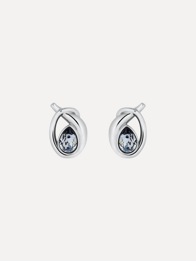 Silver Looped Teardrop Earrings featuring teardrop blue crystals encased in a twisted knot design.