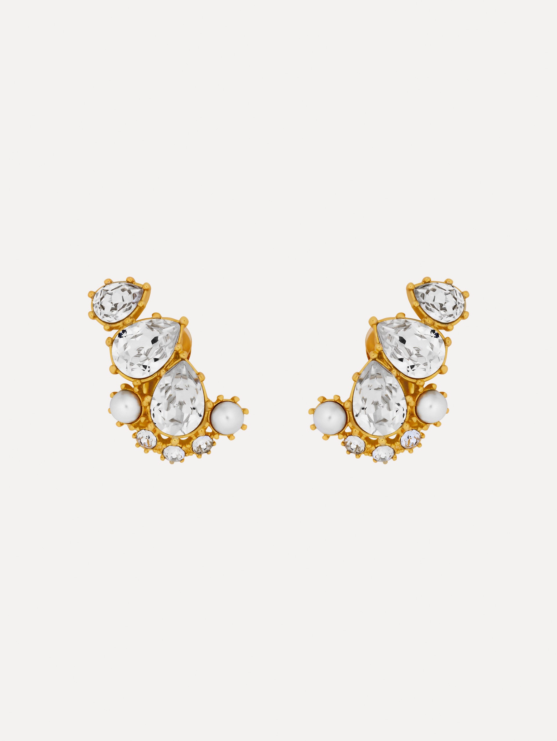 Gold Faceted Crystal Cuff Clip-On Earrings featuring teardrop crystals, round pearls, and pavé accents.