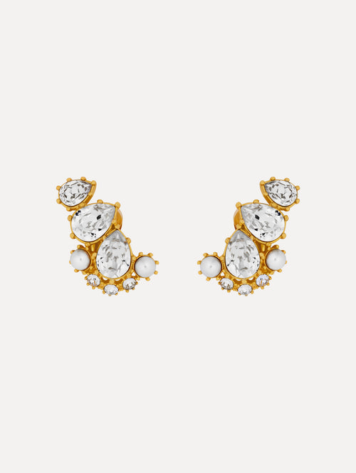 Gold Faceted Crystal Cuff Clip-On Earrings featuring teardrop crystals, round pearls, and pavé accents.