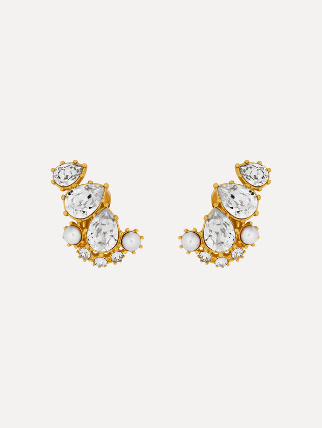 Gold Faceted Crystal Cuff Clip-On Earrings featuring teardrop crystals, round pearls, and pavé accents.