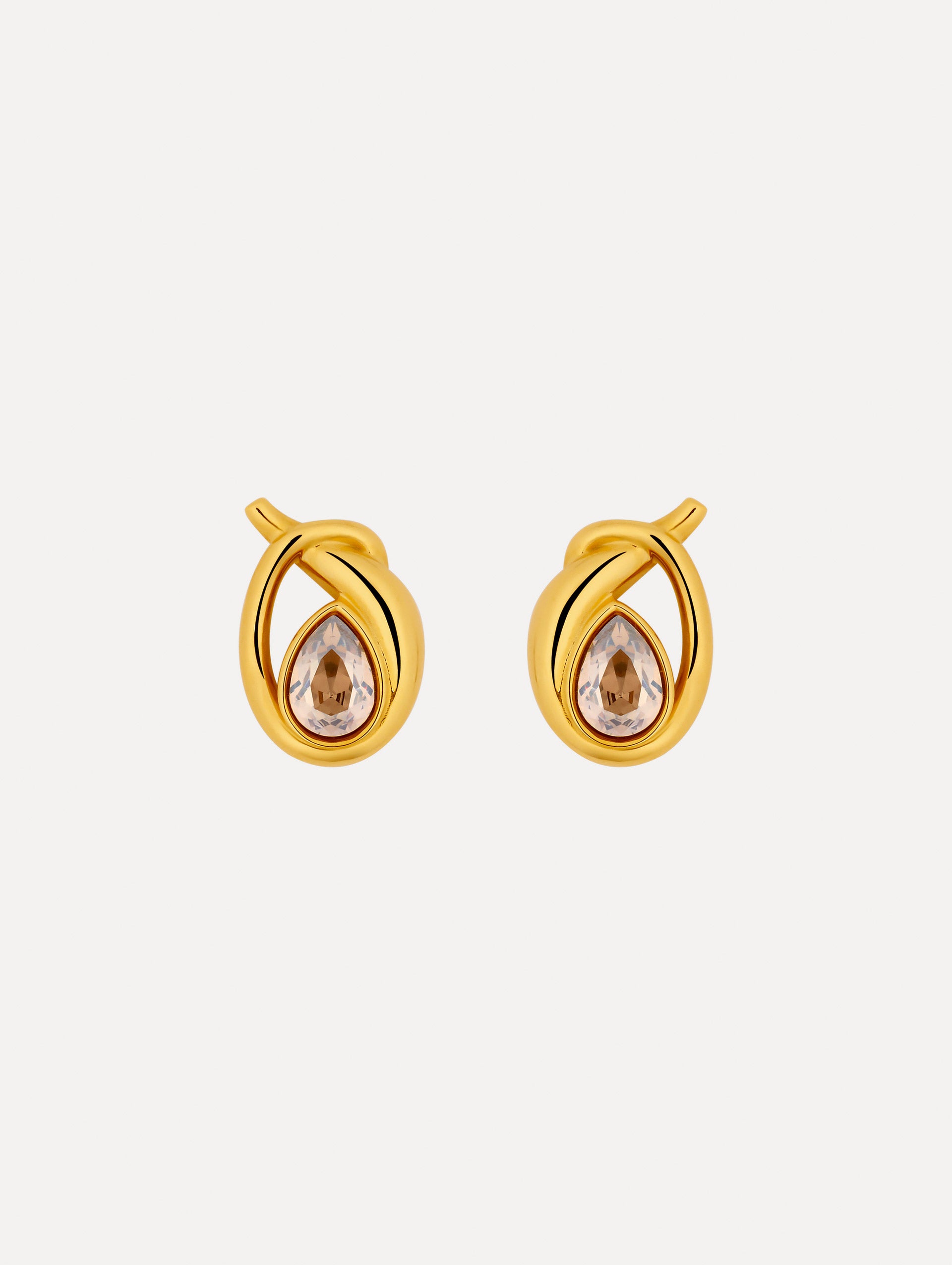 Gold Looped Teardrop Earrings featuring teardrop brown crystals encased in a twisted knot design.