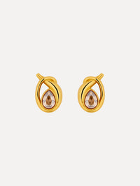 Gold Looped Teardrop Earrings featuring teardrop brown crystals encased in a twisted knot design.