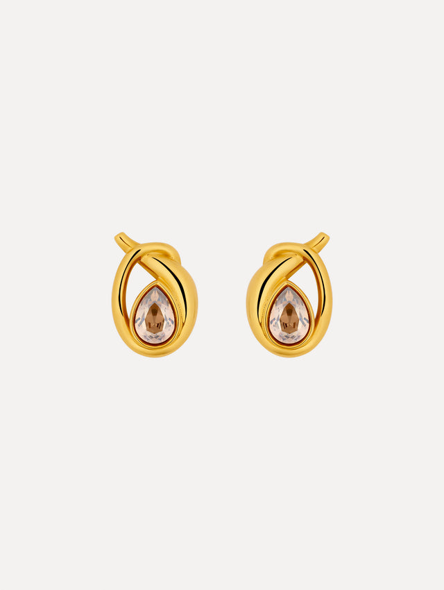 Gold Looped Teardrop Earrings featuring teardrop brown crystals encased in a twisted knot design.
