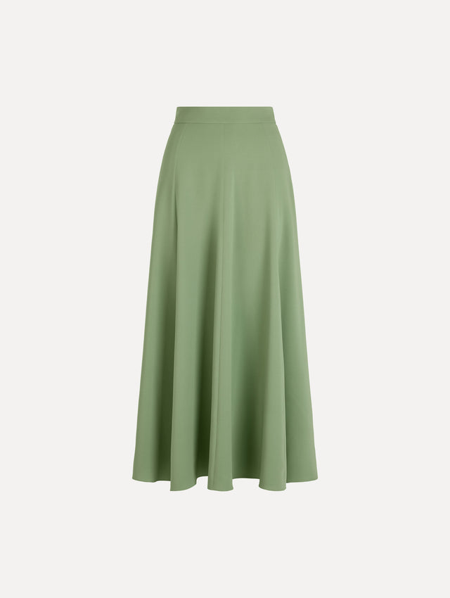 The Silk Georgette Midi Skirt in the color green featuring a high-waist and classic, flowing skirt. Front View.