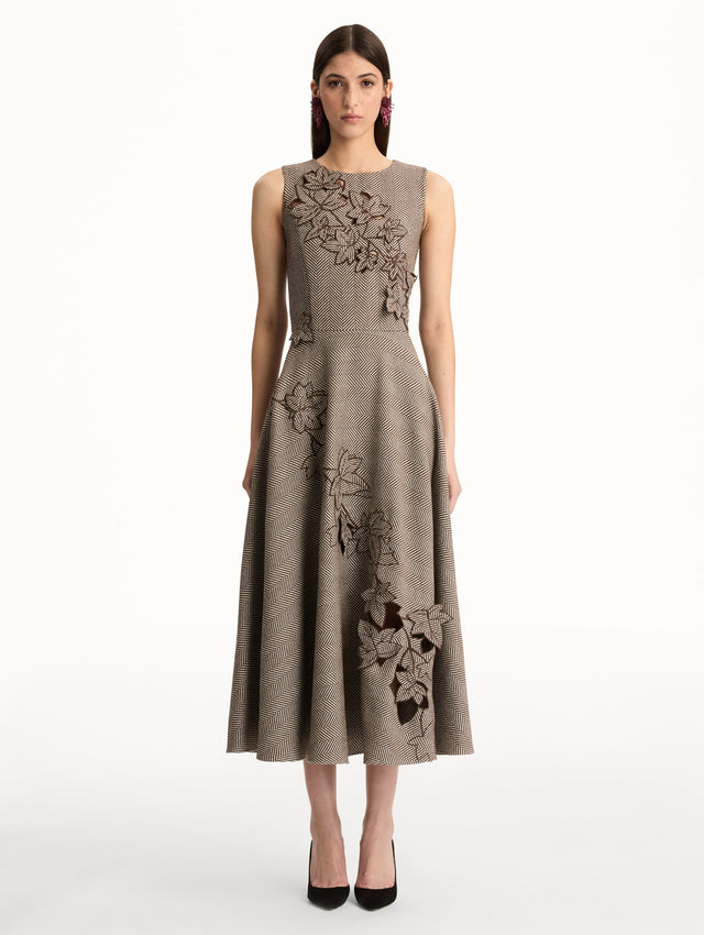 Brown and White Ivy Threadwork Cutout Dress with sleeveless silhouette and cutout floral applique. Front View.
