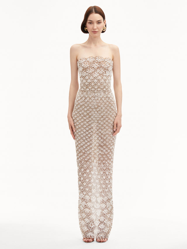 Pearl Embroidered Scallop Strapless Gown
Front View