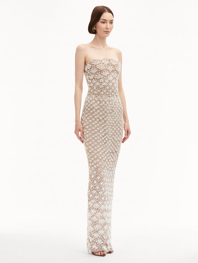 Pearl Embroidered Scallop Strapless Gown
Side View