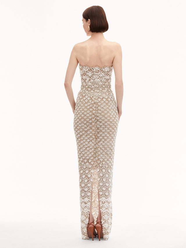 Pearl Embroidered Scallop Strapless Gown
Back View
