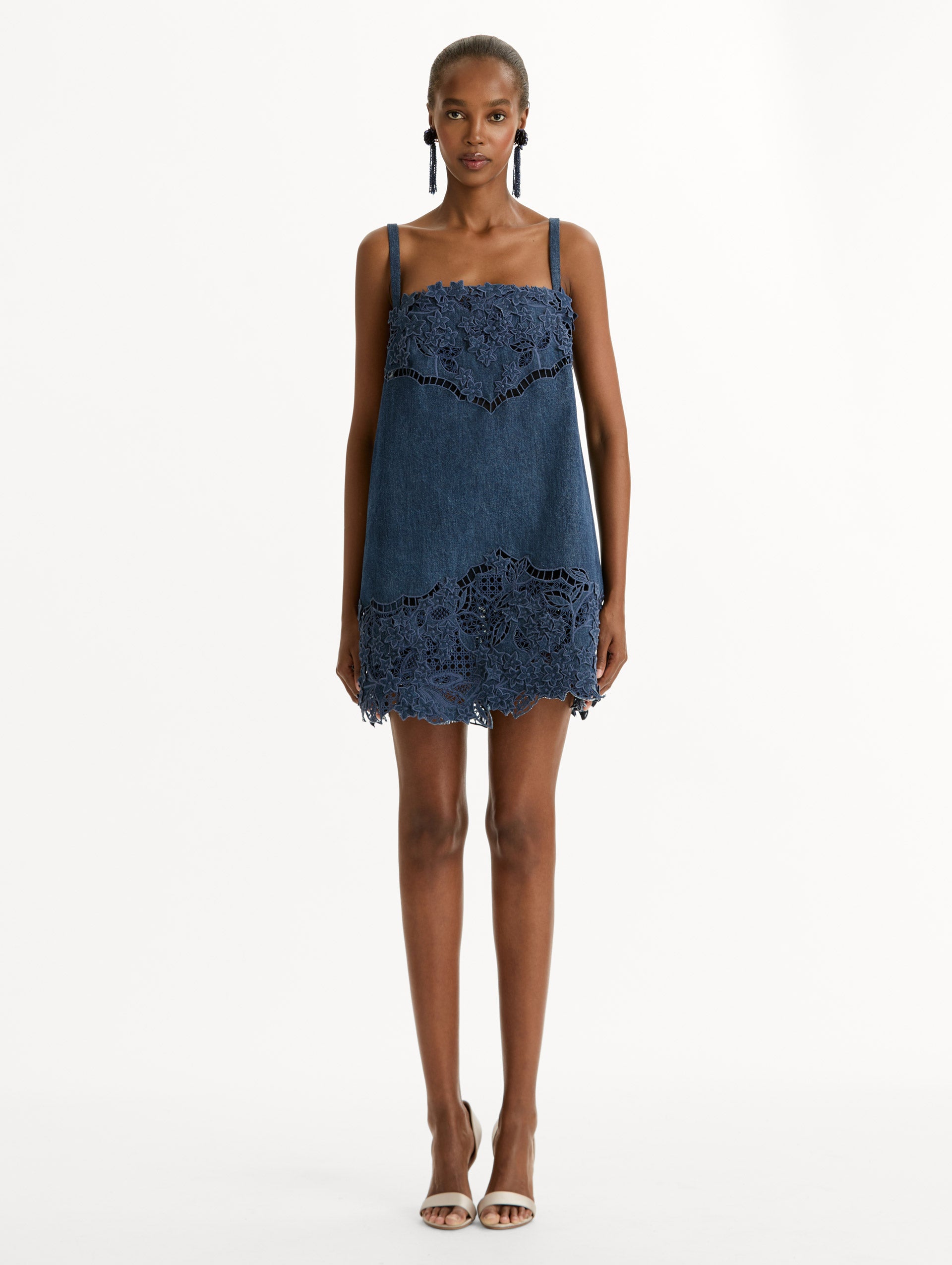 Porcelain Flower Cutout Denim Mini Dress, Straps, Narrow Straps, Detailed thread-work.  Front View