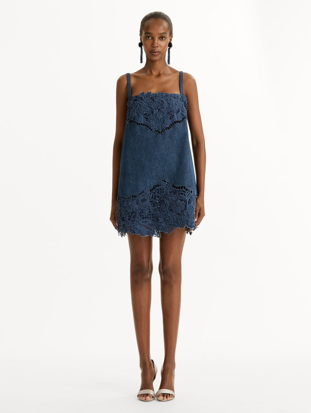 Porcelain Flower Cutout Denim Mini Dress, Straps, Narrow Straps, Detailed thread-work.  Front View